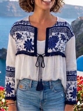 Zara NWT Mediterranean Blue Floral Fringe Kimono Blouse Coastal Boho Large